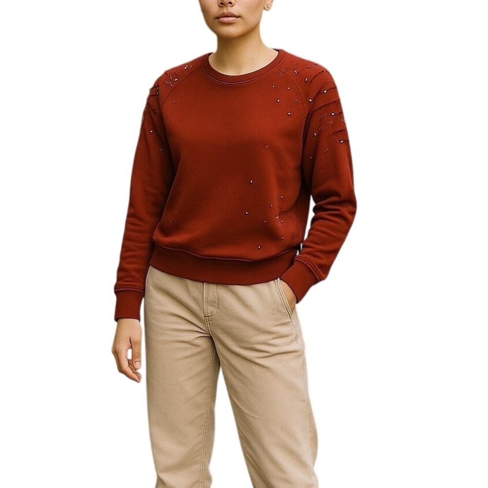 True Religion NWT Oxblood Studded Distressed Boyfriend Sweatshirt XS | Y2K Moto